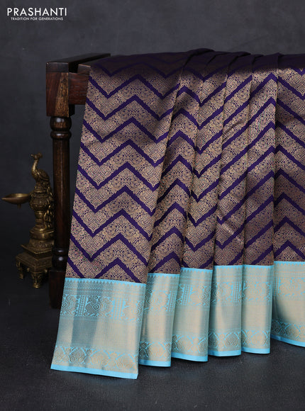 Pure kanchipuram silk saree deep violet and teal blue with allover zari woven brocade weaves and zari woven korvai border