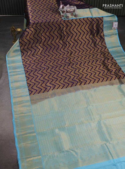 Pure kanchipuram silk saree deep violet and teal blue with allover zari woven brocade weaves and zari woven korvai border