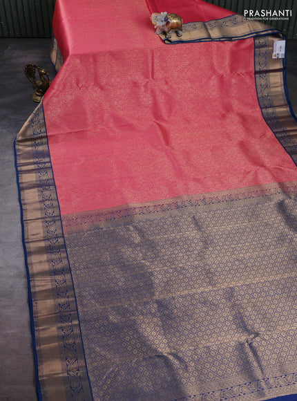 Pure kanchipuram silk saree pink and peacock blue with allover zari woven brocade weaves and rich zari woven border