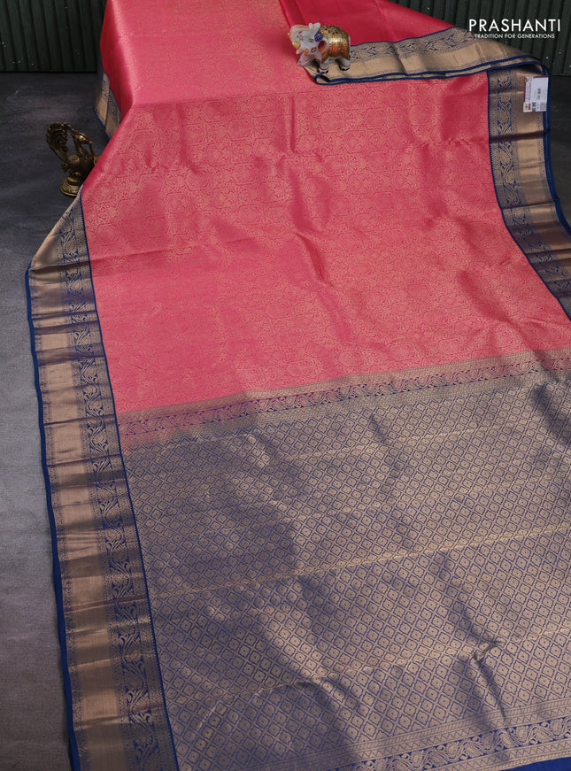 Pure kanchipuram silk saree pink and peacock blue with allover zari woven brocade weaves and rich zari woven border