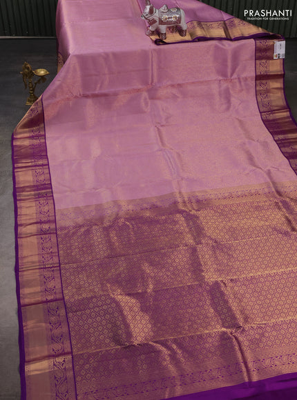 Pure kanchipuram silk saree lavender and purple with allover zari woven brocade weaves and rich zari woven border