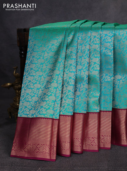 Pure kanchipuram silk saree teal green and wine shade with allover zari woven brocade weaves and zari woven border