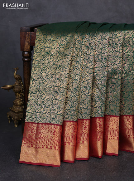 Pure kanchipuram silk saree bottle green and maroon with allover zari woven brocade weaves and zari woven border