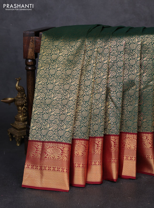 Pure kanchipuram silk saree bottle green and maroon with allover zari woven brocade weaves and zari woven border