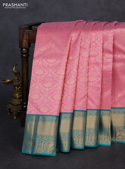 Pure kanchipuram silk saree mauve pink and teal green with allover zari woven brocade weaves and rich zari woven border