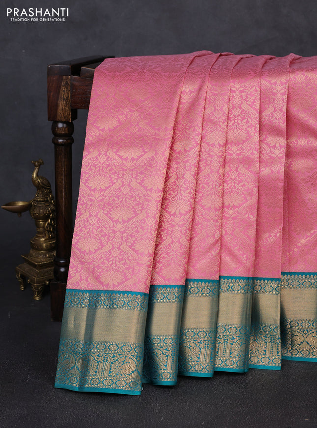 Pure kanchipuram silk saree mauve pink and teal green with allover zari woven brocade weaves and rich zari woven border