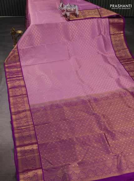 Pure kanchipuram silk saree lavender and purple with allover zari woven brocade pattern and zari woven korvai border