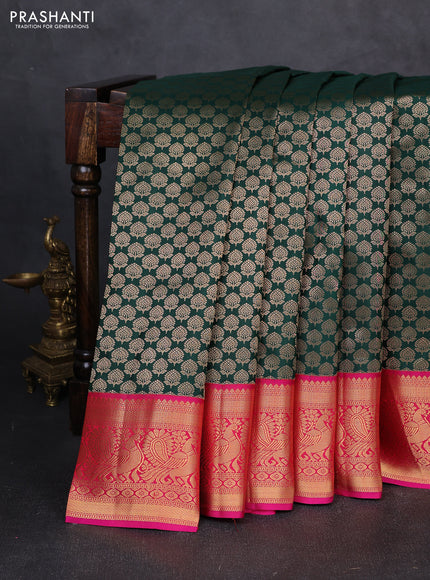 Pure kanchipuram silk saree bottle green and pink with allover zari woven brocade pattern and zari woven korvai border