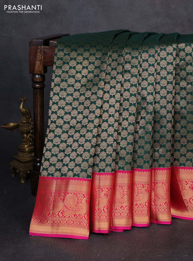 Pure kanchipuram silk saree bottle green and pink with allover zari woven brocade pattern and zari woven korvai border