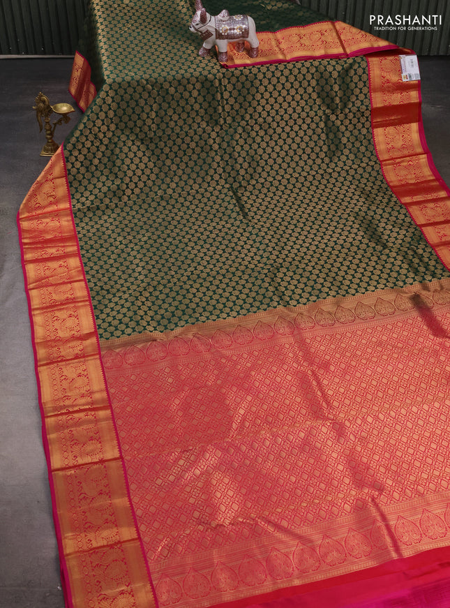Pure kanchipuram silk saree bottle green and pink with allover zari woven brocade pattern and zari woven korvai border