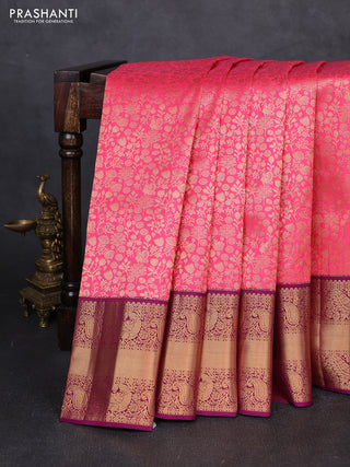Pure kanchipuram silk saree pink and purple with allover zari woven brocade weaves and rich zari woven korvai border