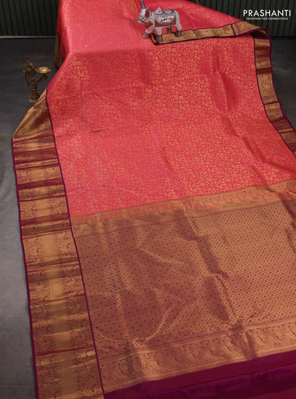 Pure kanchipuram silk saree pink and purple with allover zari woven brocade weaves and rich zari woven korvai border