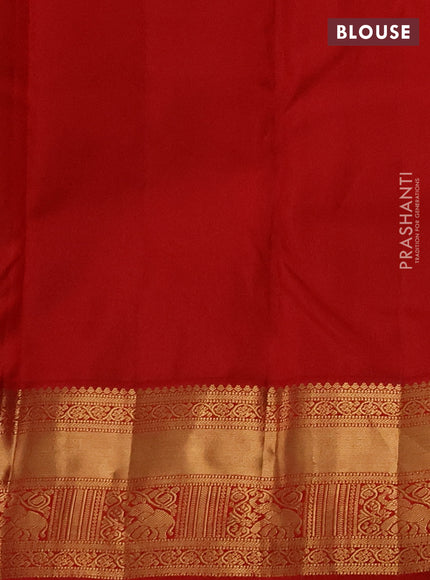 Pure kanchipuram silk saree mild pista green and red with allover zari woven brocade weaves and rich zari woven border