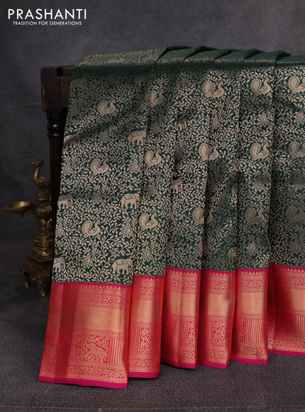 Pure kanchipuram silk saree bottle green and pink with allover zari woven brocade weaves and rich zari woven korvai border