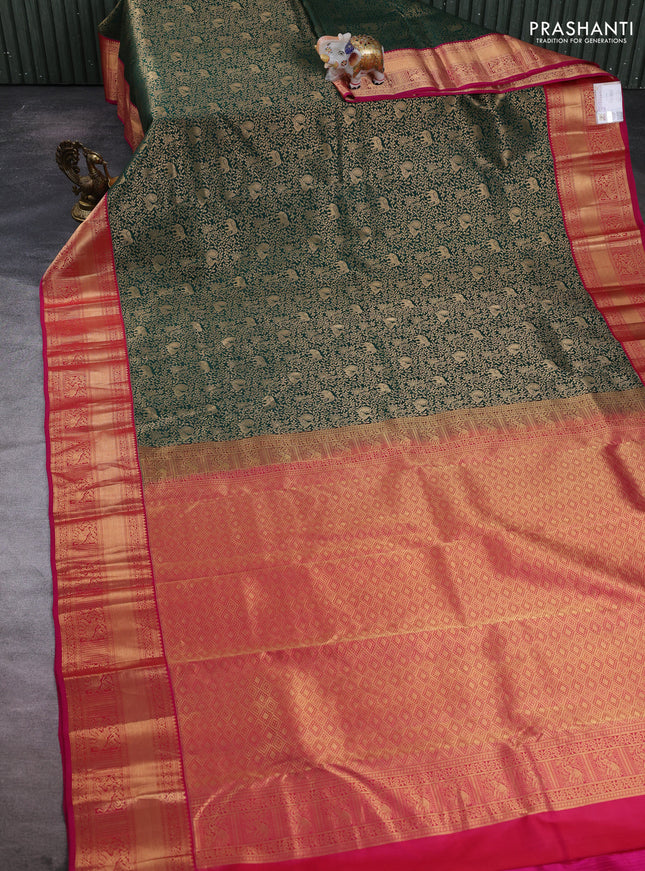 Pure kanchipuram silk saree bottle green and pink with allover zari woven brocade weaves and rich zari woven korvai border