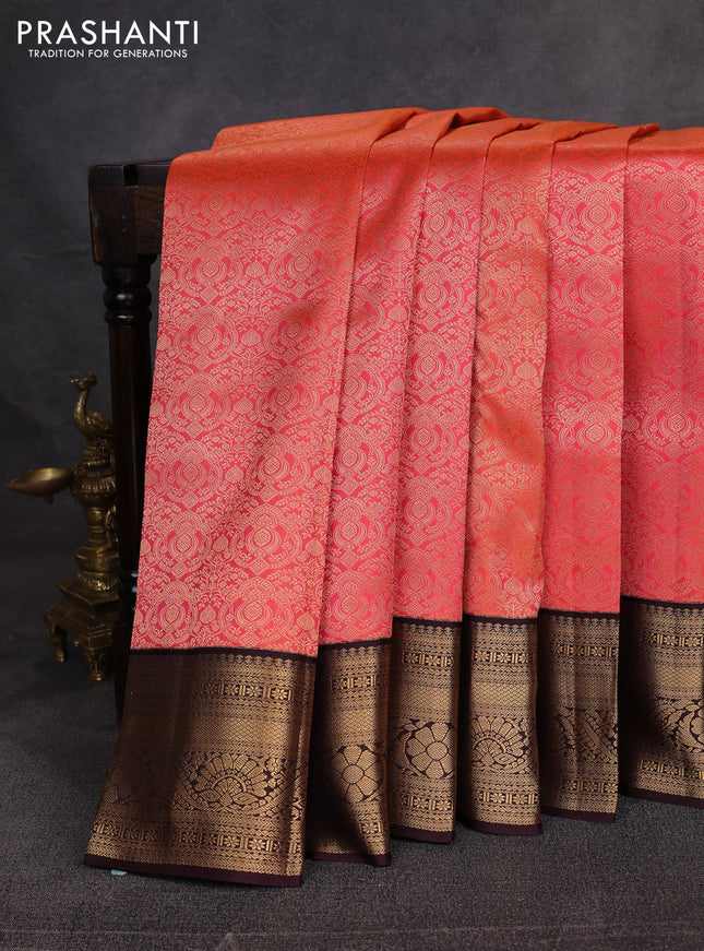 Pure kanchipuram silk saree orange and coffee brown with allover zari woven brocade weaves and zari woven border