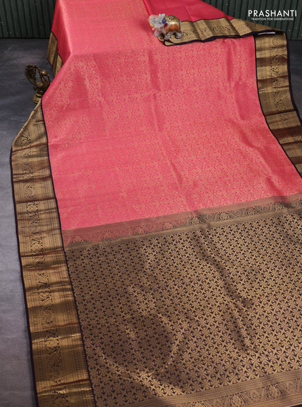 Pure kanchipuram silk saree pink shade and deep wine with allover zari woven brocade weaves and zari woven korvai border