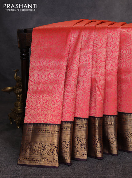 Pure kanchipuram silk saree orange and deep wine with allover zari woven brocade weaves and zari woven korvai border