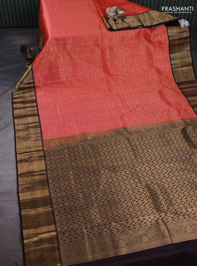 Pure kanchipuram silk saree orange and deep wine with allover zari woven brocade weaves and zari woven korvai border