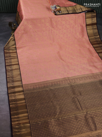 Pure kanchipuram silk saree peach pink and deep wine with allover zari woven brocade weaves and zari woven korvai border