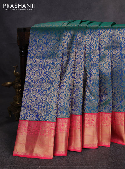 Pure kanchipuram silk saree peacock blue and tomato pink with allover zari woven brocade weaves and zari woven border
