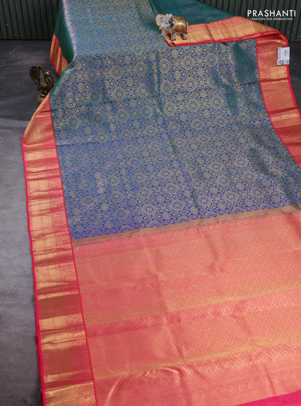 Pure kanchipuram silk saree peacock blue and tomato pink with allover zari woven brocade weaves and zari woven border