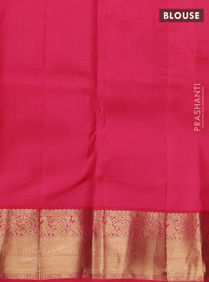 Pure kanchipuram silk saree peacock blue and tomato pink with allover zari woven brocade weaves and zari woven border