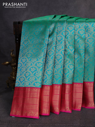 Pure kanchipuram silk saree teal green and pink with allover zari woven brocade weaves and zari woven border