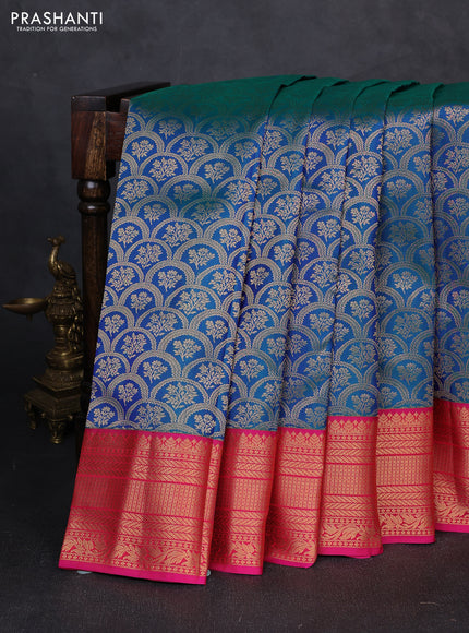 Pure kanchipuram silk saree peacock green and pink with allover zari woven brocade weaves and zari woven border