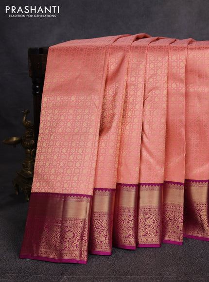 Pure kanchipuram silk saree peach pink and magenta pink with allover zari woven brocade weaves and rich zari woven border