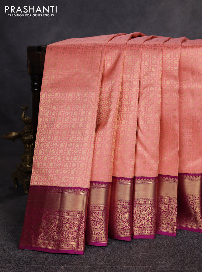 Pure kanchipuram silk saree peach pink and magenta pink with allover zari woven brocade weaves and rich zari woven border