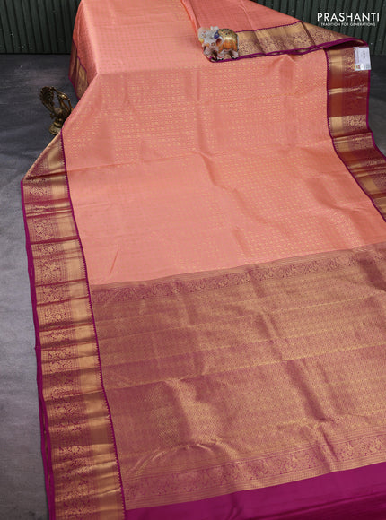 Pure kanchipuram silk saree peach pink and magenta pink with allover zari woven brocade weaves and rich zari woven border