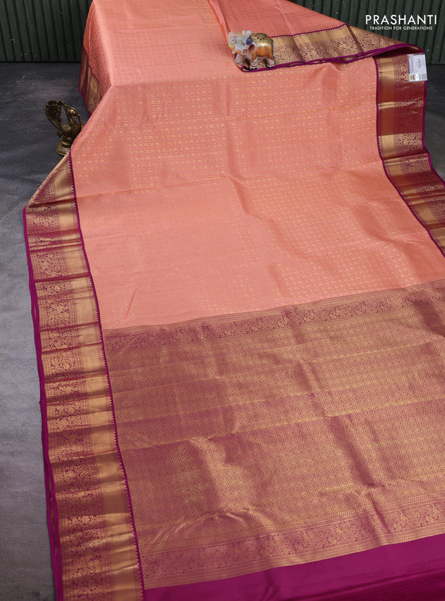 Pure kanchipuram silk saree peach pink and magenta pink with allover zari woven brocade weaves and rich zari woven border
