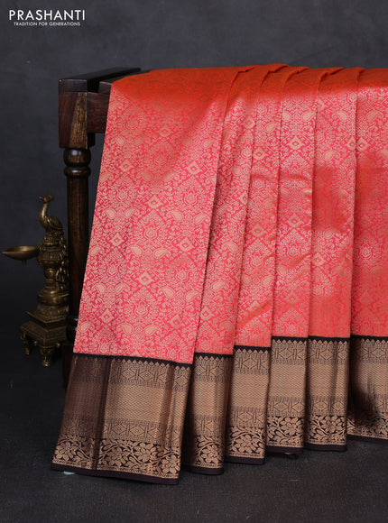 Pure kanchipuram silk saree peach orange and coffee brown with allover zari woven brocade weaves and zari woven korvai border