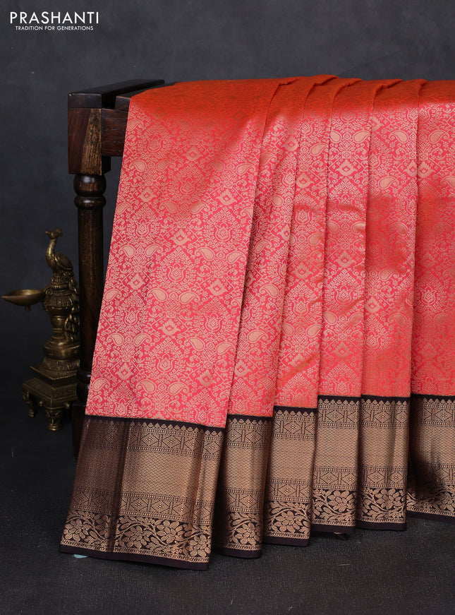 Pure kanchipuram silk saree peach orange and coffee brown with allover zari woven brocade weaves and zari woven korvai border