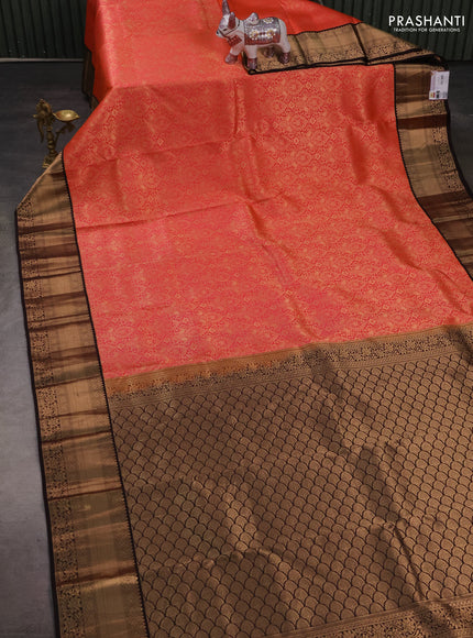 Pure kanchipuram silk saree peach orange and coffee brown with allover zari woven brocade weaves and zari woven korvai border