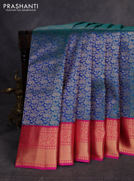 Pure kanchipuram silk saree peacock blue and pink with allover zari woven brocade weaves and zari woven border