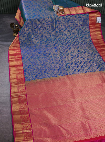 Pure kanchipuram silk saree peacock blue and pink with allover zari woven brocade weaves and zari woven border