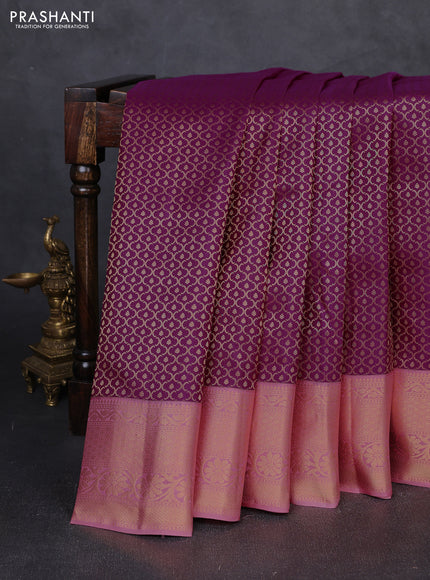 Pure kanchipuram silk saree magenta pink and light pink with allover zari woven brocade weaves and zari woven korvai border