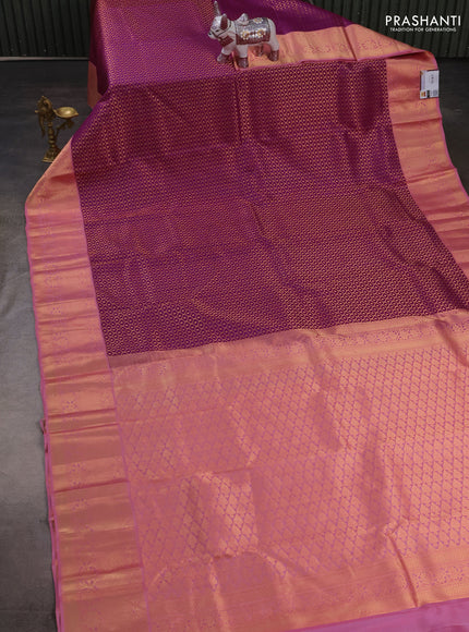 Pure kanchipuram silk saree magenta pink and light pink with allover zari woven brocade weaves and zari woven korvai border