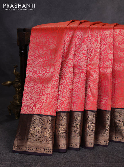 Pure kanchipuram silk saree orange and jamun with allover zari woven brocade weaves and zari woven border