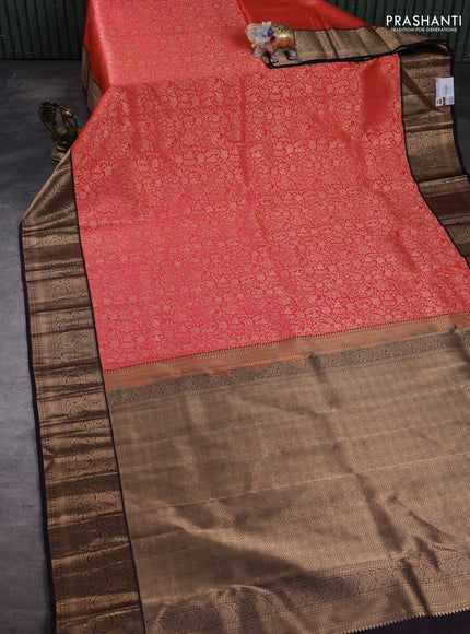 Pure kanchipuram silk saree orange and jamun with allover zari woven brocade weaves and zari woven border