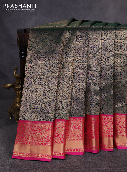 Pure kanchipuram silk saree bottle green and pink with allover zari woven brocade weaves and rich zari woven boder