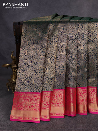 Pure kanchipuram silk saree bottle green and pink with allover zari woven brocade weaves and rich zari woven boder