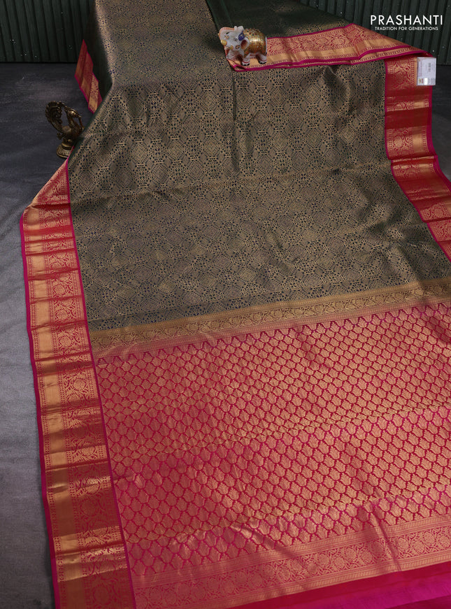 Pure kanchipuram silk saree bottle green and pink with allover zari woven brocade weaves and rich zari woven boder