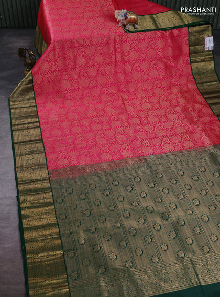 Pure kanchipuram silk saree pink and green with allover zari woven brocade weaves and zari woven border
