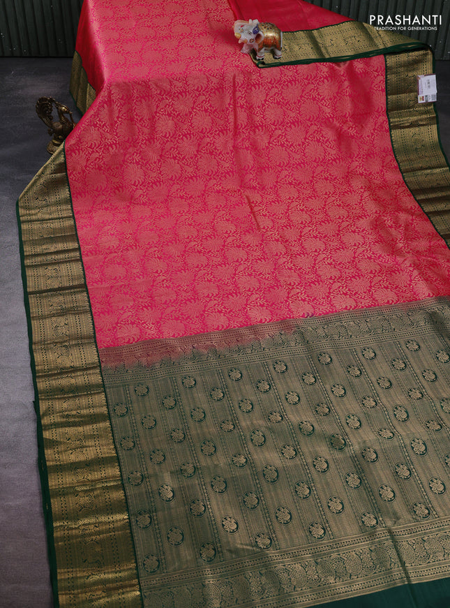 Pure kanchipuram silk saree pink and green with allover zari woven brocade weaves and zari woven border