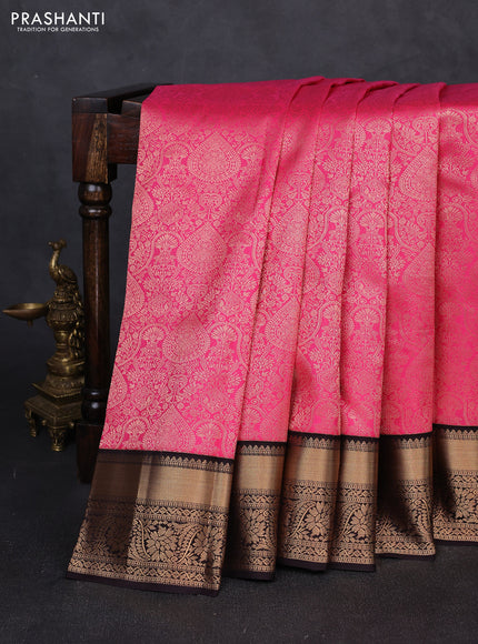 Pure kanchipuram silk saree pink and coffee brown with allover zari woven brocade weaves and rich zari woven korvai border