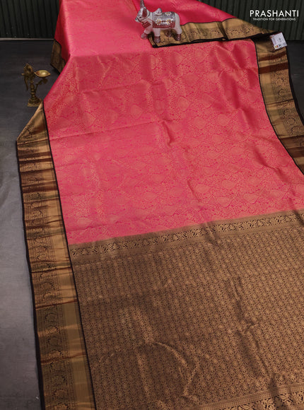 Pure kanchipuram silk saree pink and coffee brown with allover zari woven brocade weaves and rich zari woven korvai border