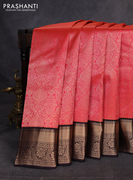Pure kanchipuram silk saree peach orange and coffee brown with allover zari woven brocade weaves and rich zari woven border